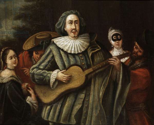 Commedia dell'arte: portrait of Italian comedian Tiberio Fiorilli, creator of the character of Scaramouche, playing the guitar. 18th century (painting)