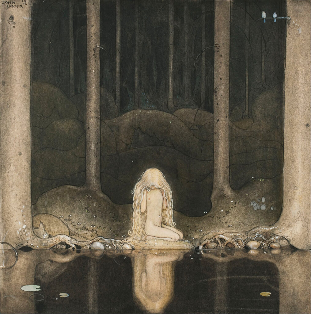 John Bauer - Princess Tuvstarr gazing down into the dark waters of the forest tarn